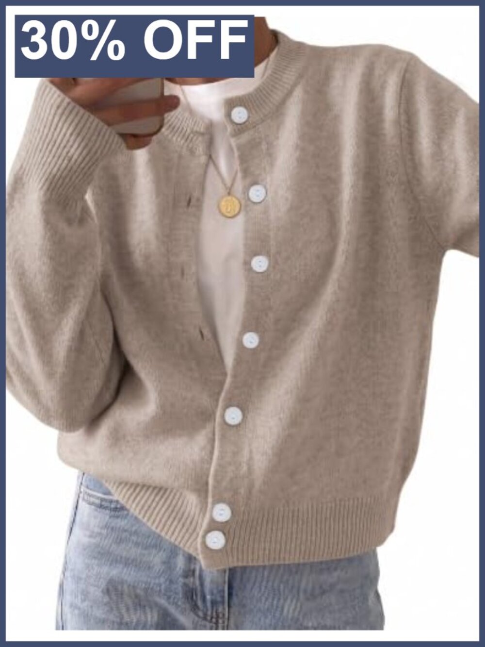 Wool Blend Chunky Knit Button Front Cardigan Crewneck Long Sleeve Womens